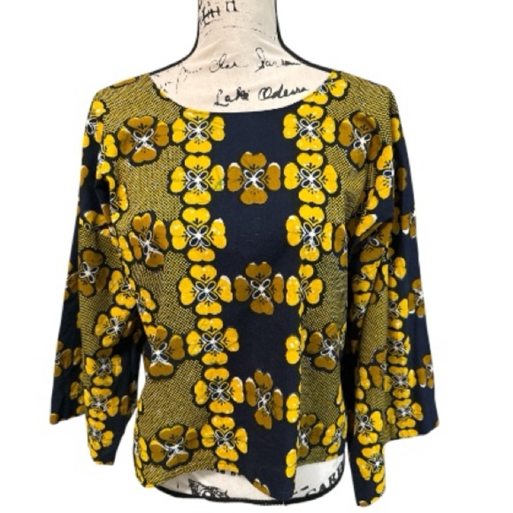 Boho Floral Cotton Top OS Bold Navy Yellow Batik Tribal Island Print Blouse